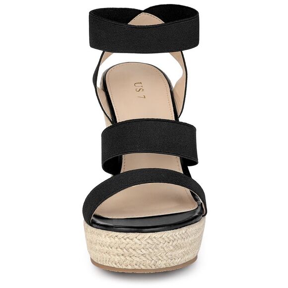 Women's Platform Slingback Elastic Strap Espadrille Wedges Heel Sandals Black - Picture 2 of 5